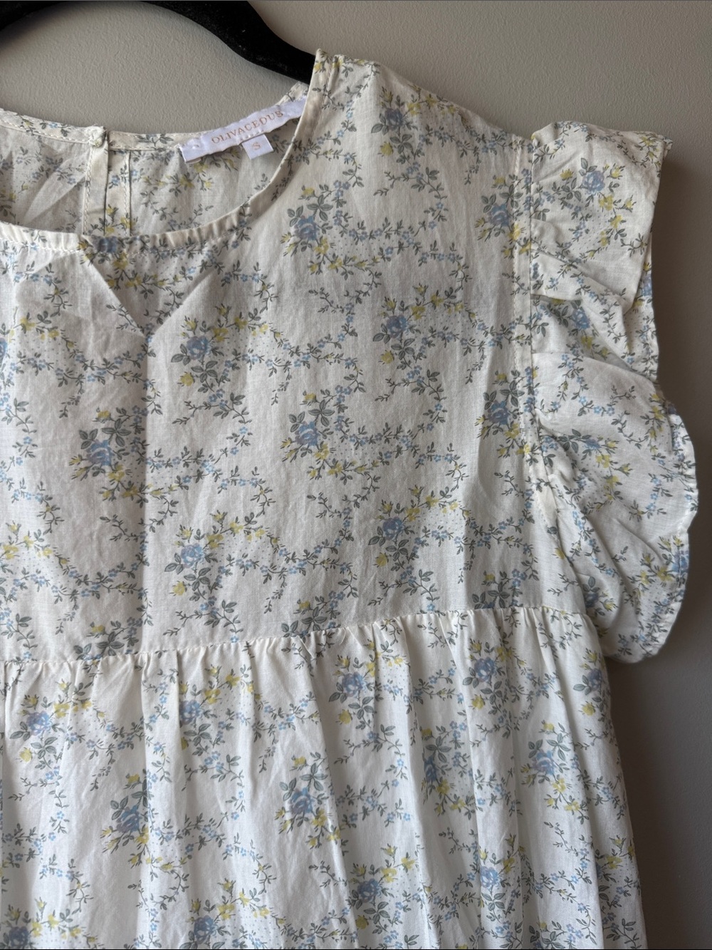 Olivaceous cottagecore Dress white dainty Blue Yellow Floral Print S lined